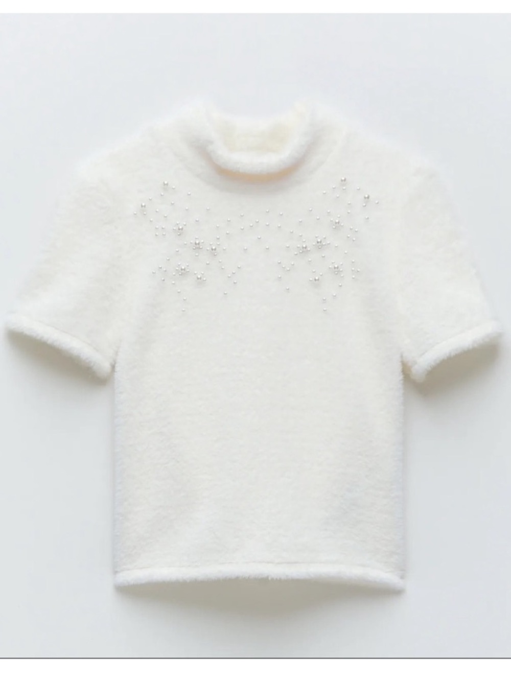 Zara White Pearl-Embellished Fuzzy Mock Neck Sweater - Picture 2 of 3